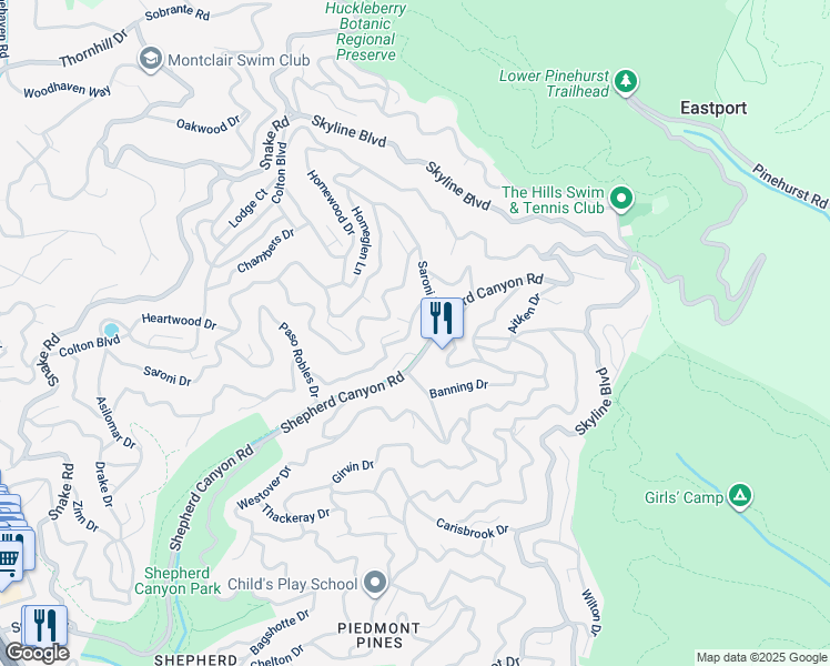 map of restaurants, bars, coffee shops, grocery stores, and more near 7350 Woodrow Drive in Oakland