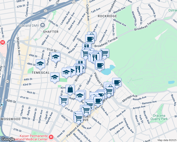 map of restaurants, bars, coffee shops, grocery stores, and more near 2005 Pleasant Valley Avenue in Oakland