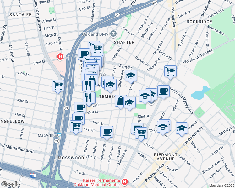 map of restaurants, bars, coffee shops, grocery stores, and more near 4415 Shafter Avenue in Oakland