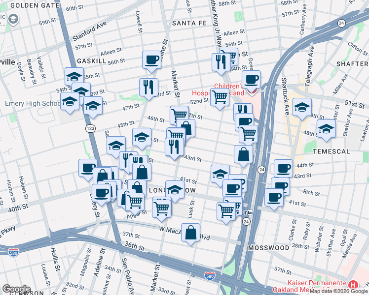 map of restaurants, bars, coffee shops, grocery stores, and more near 870 43rd Street in Oakland
