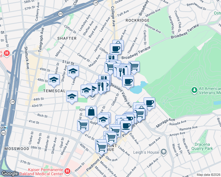 map of restaurants, bars, coffee shops, grocery stores, and more near 4421 Gilbert Street in Oakland