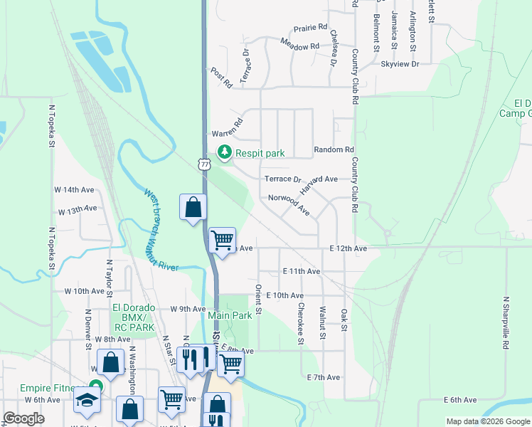 map of restaurants, bars, coffee shops, grocery stores, and more near 1411 Lawndale Avenue in El Dorado
