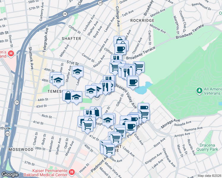 map of restaurants, bars, coffee shops, grocery stores, and more near in Oakland