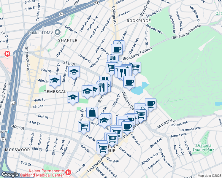 map of restaurants, bars, coffee shops, grocery stores, and more near in Piedmont