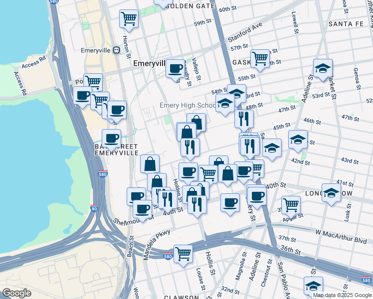 map of restaurants, bars, coffee shops, grocery stores, and more near 1261-1299 45th Street in Emeryville