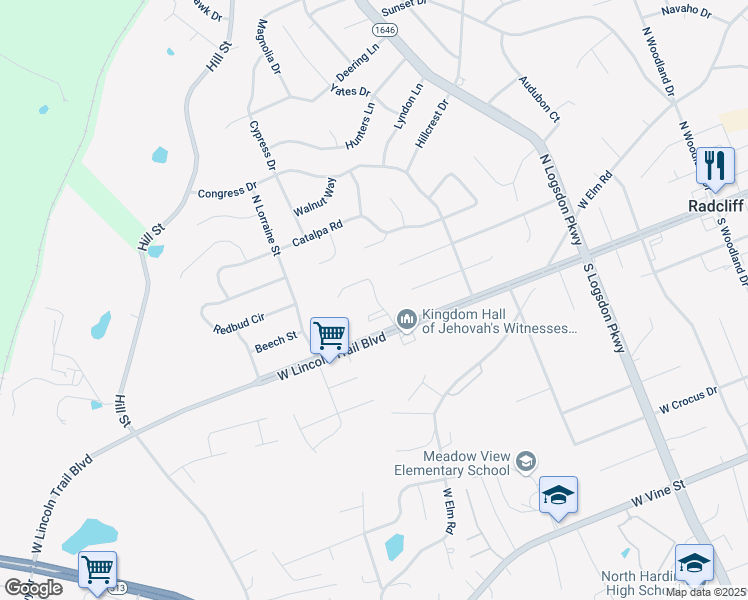 map of restaurants, bars, coffee shops, grocery stores, and more near 1451 West Lincoln Trail Boulevard in Radcliff