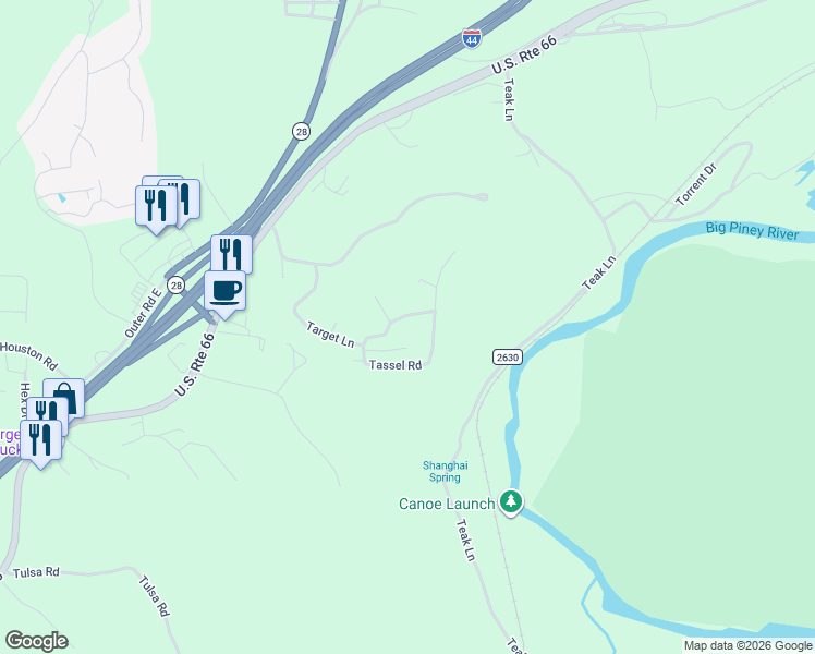 map of restaurants, bars, coffee shops, grocery stores, and more near 13910 Tassel Lane in Devils Elbow
