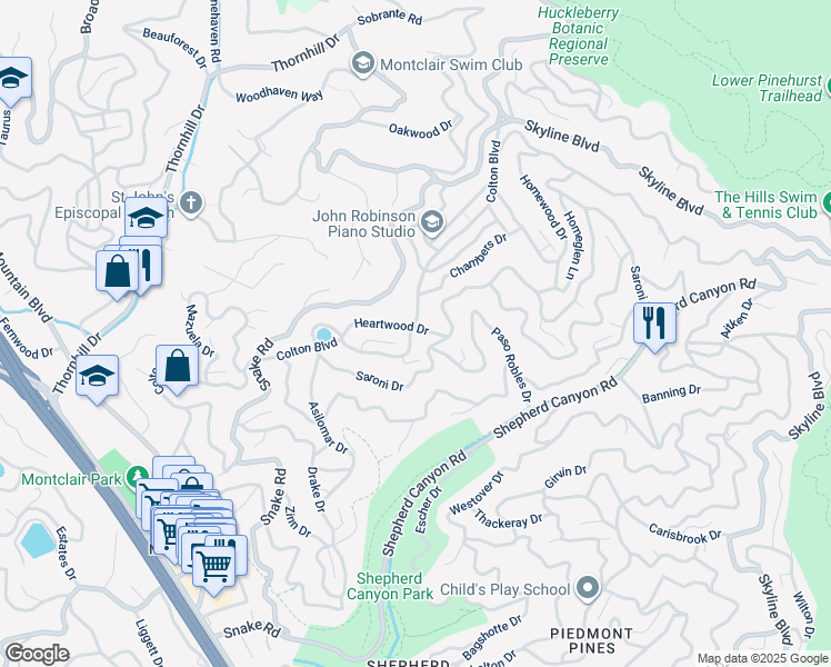 map of restaurants, bars, coffee shops, grocery stores, and more near 6700 Heartwood Drive in Oakland