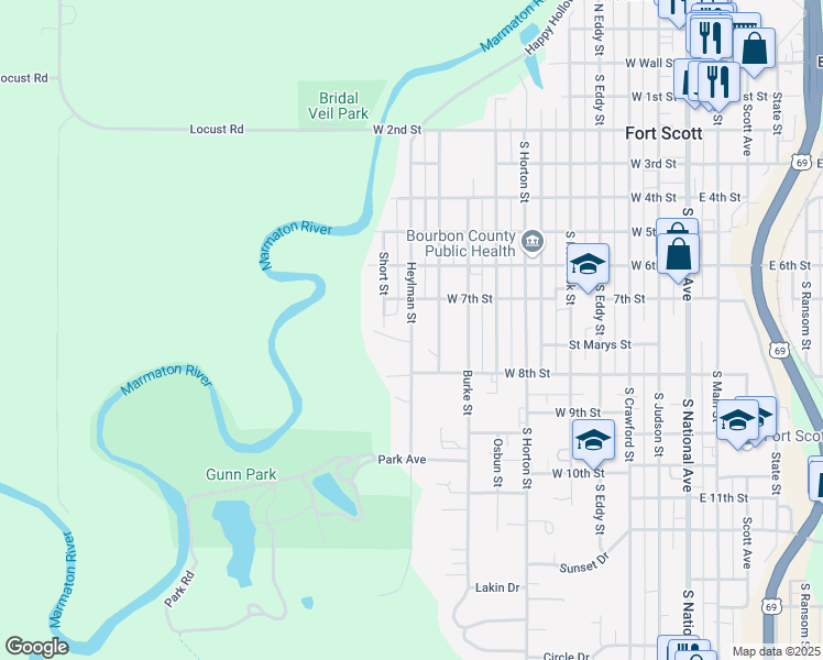 map of restaurants, bars, coffee shops, grocery stores, and more near 736 Heylman Street in Fort Scott