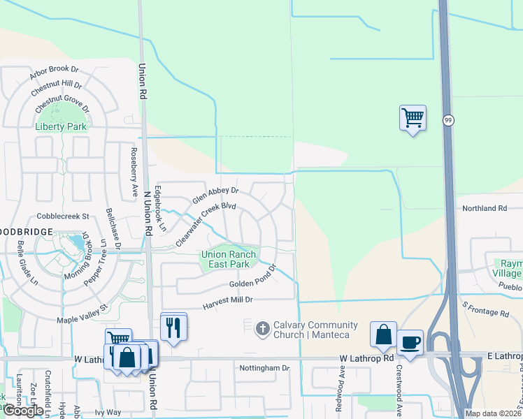 map of restaurants, bars, coffee shops, grocery stores, and more near 813 Golden Pond Drive in Manteca