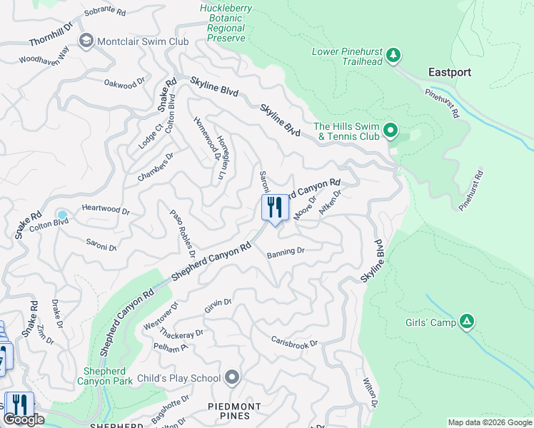 map of restaurants, bars, coffee shops, grocery stores, and more near 45 Tiffany Lane in Oakland