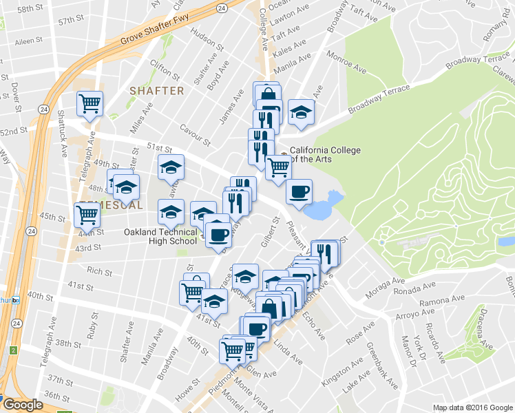 map of restaurants, bars, coffee shops, grocery stores, and more near 4421 Gilbert Street in Oakland