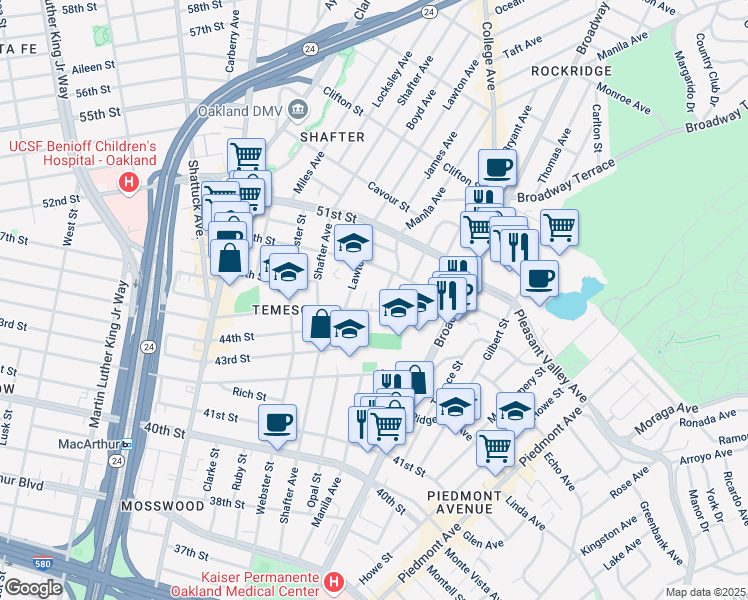map of restaurants, bars, coffee shops, grocery stores, and more near in Oakland