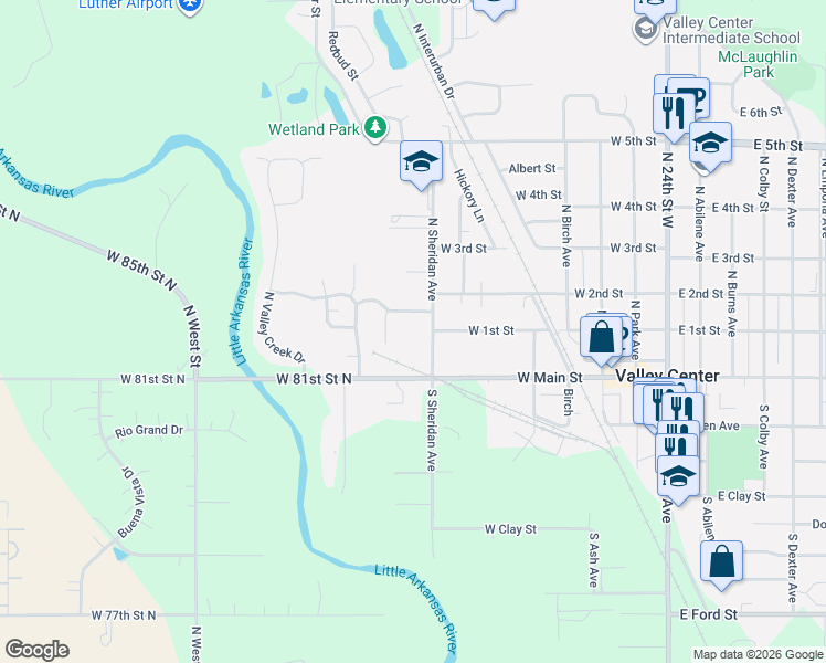 map of restaurants, bars, coffee shops, grocery stores, and more near 139 North Sheridan Avenue in Valley Center