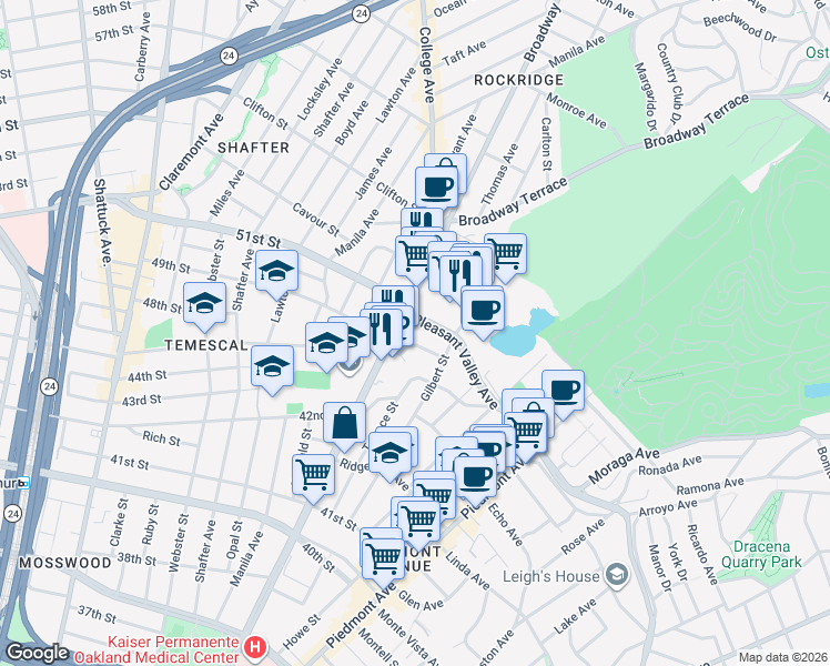 map of restaurants, bars, coffee shops, grocery stores, and more near 4421 Gilbert Street in Oakland