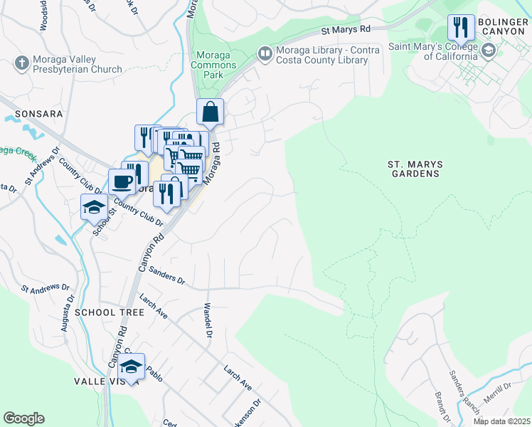 map of restaurants, bars, coffee shops, grocery stores, and more near 119 Sandringham Drive South in Moraga