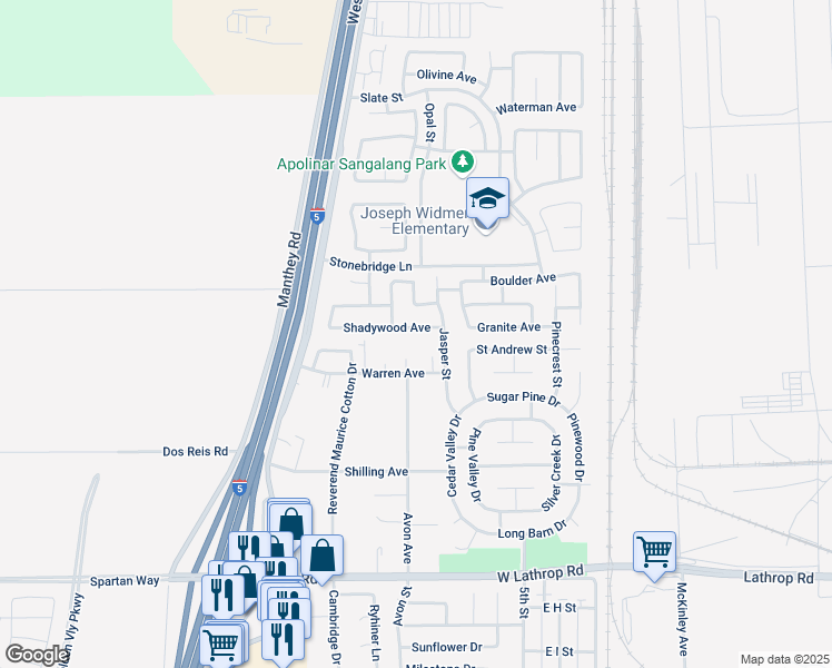 map of restaurants, bars, coffee shops, grocery stores, and more near 284 Shadywood Avenue in Lathrop