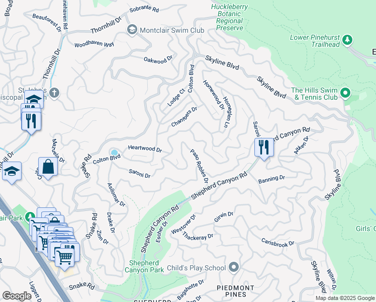 map of restaurants, bars, coffee shops, grocery stores, and more near 6970 Paso Robles Drive in Oakland