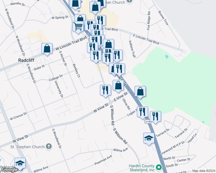 map of restaurants, bars, coffee shops, grocery stores, and more near 4 South Wilson Road in Radcliff