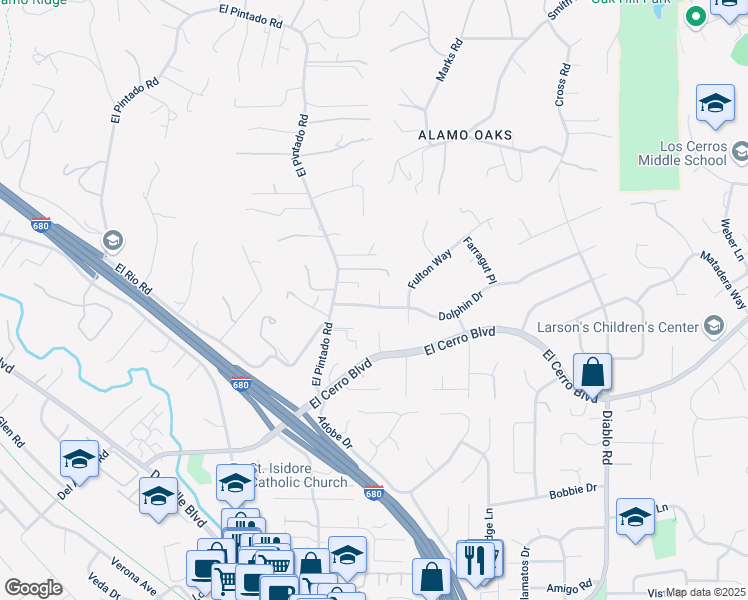 map of restaurants, bars, coffee shops, grocery stores, and more near 645 Dolphin Drive in Danville
