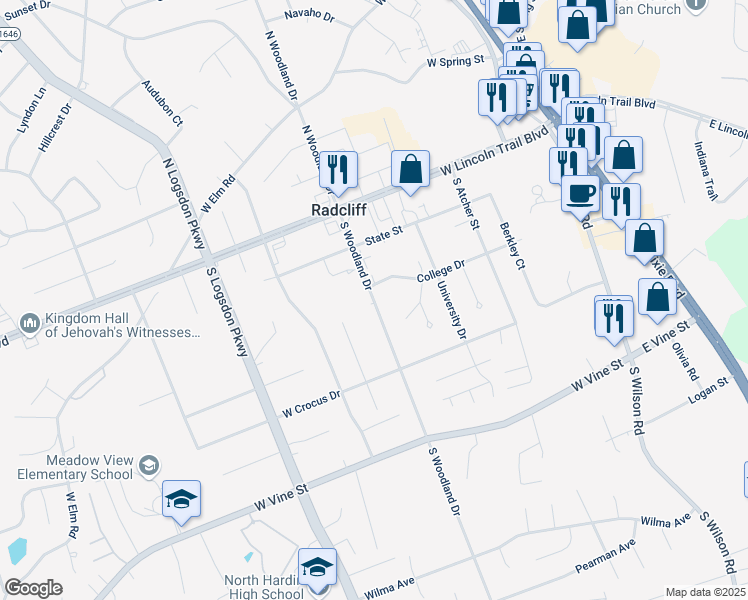 map of restaurants, bars, coffee shops, grocery stores, and more near 320 South Woodland Drive in Radcliff