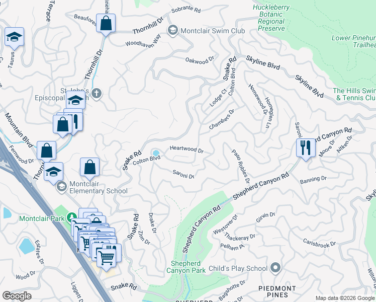 map of restaurants, bars, coffee shops, grocery stores, and more near 6756 Snake Road in Oakland