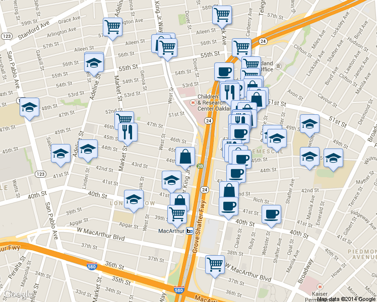map of restaurants, bars, coffee shops, grocery stores, and more near 672 46th Street in Oakland