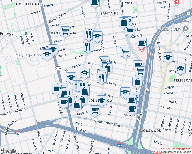 map of restaurants, bars, coffee shops, grocery stores, and more near 933 45th Street in Oakland