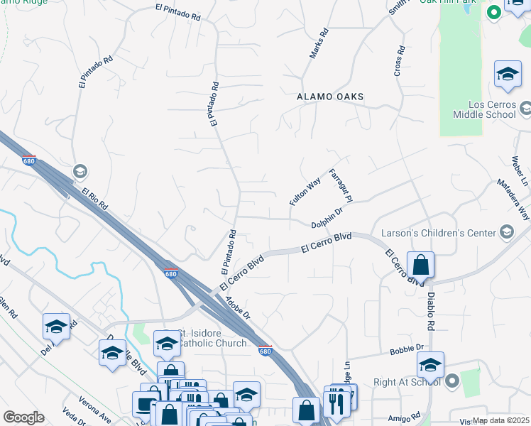 map of restaurants, bars, coffee shops, grocery stores, and more near 645 Dolphin Drive in Danville