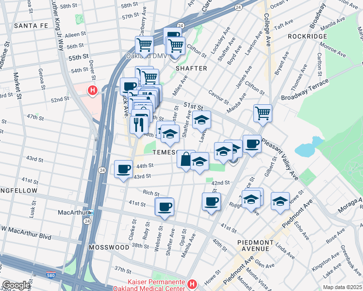 map of restaurants, bars, coffee shops, grocery stores, and more near 4519 Shafter Avenue in Oakland