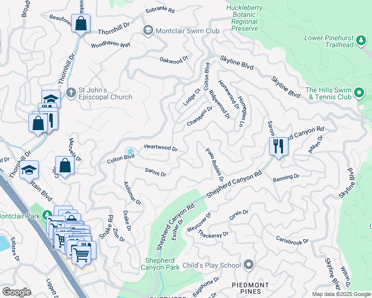 map of restaurants, bars, coffee shops, grocery stores, and more near 6801 Saroni Drive in Oakland