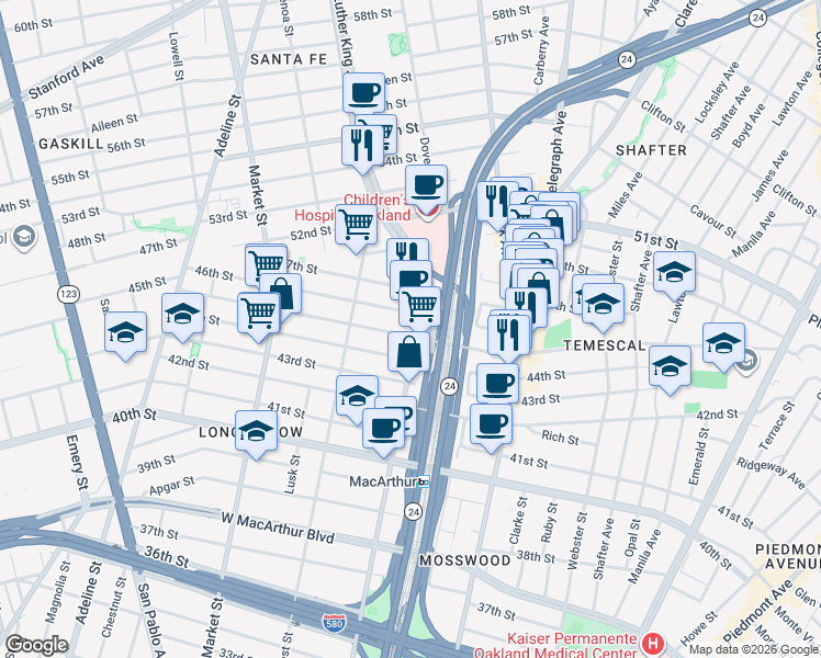 map of restaurants, bars, coffee shops, grocery stores, and more near 4507 Martin Luther King Junior Way in Oakland