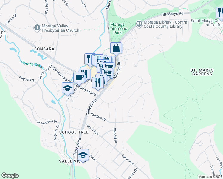 map of restaurants, bars, coffee shops, grocery stores, and more near 1585 Moraga Way in Moraga