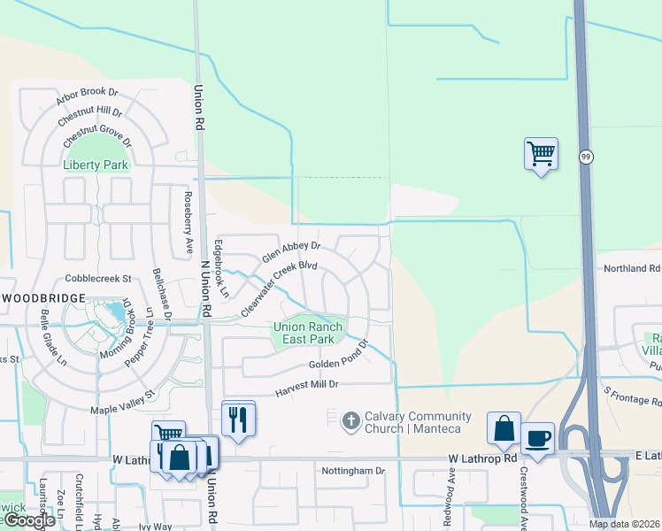map of restaurants, bars, coffee shops, grocery stores, and more near 2559 Carefree Way in Manteca