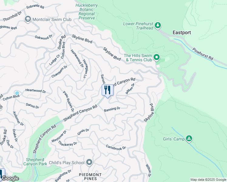 map of restaurants, bars, coffee shops, grocery stores, and more near 6716 Gunn Drive in Oakland