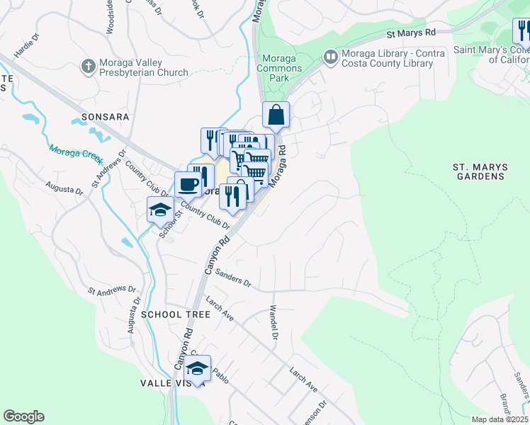 map of restaurants, bars, coffee shops, grocery stores, and more near 1585 Moraga Way in Moraga