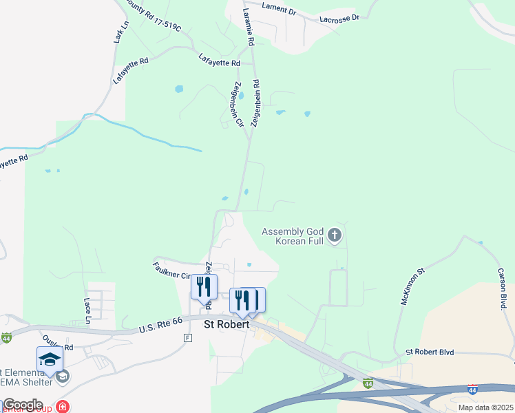 map of restaurants, bars, coffee shops, grocery stores, and more near 121 Andrews Drive in Saint Robert