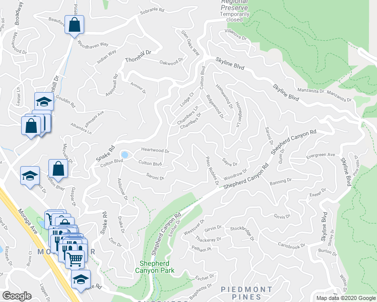 map of restaurants, bars, coffee shops, grocery stores, and more near 6939 Paso Robles Drive in Oakland
