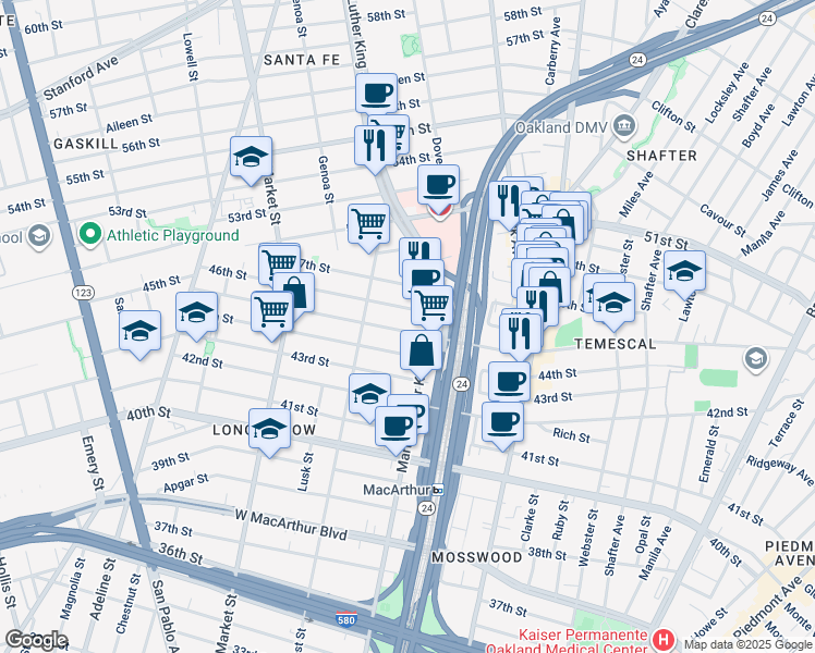 map of restaurants, bars, coffee shops, grocery stores, and more near 672 46th Street in Oakland