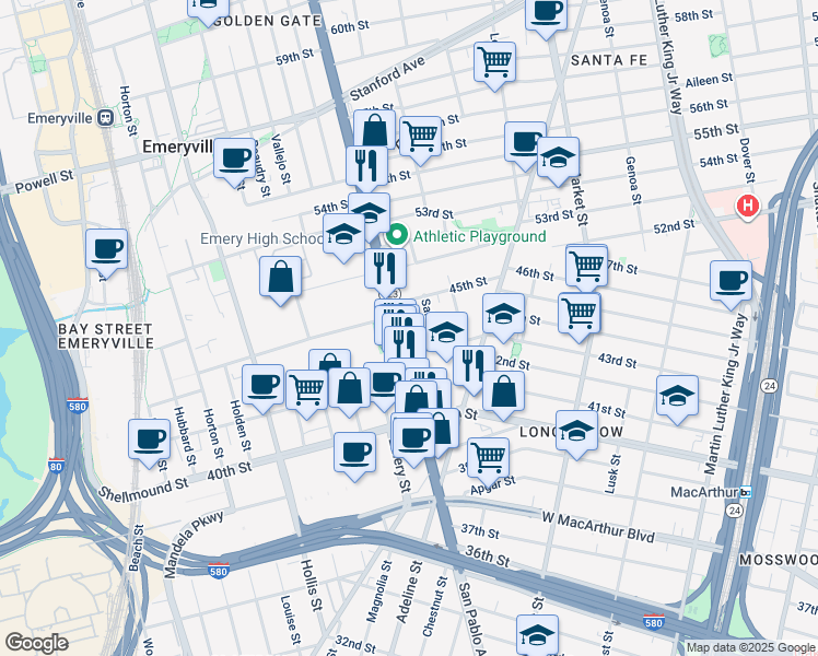 map of restaurants, bars, coffee shops, grocery stores, and more near 1087 45th Street in Emeryville