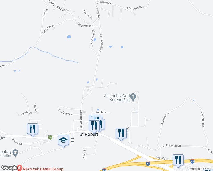 map of restaurants, bars, coffee shops, grocery stores, and more near 102 Daniels Court in Saint Robert