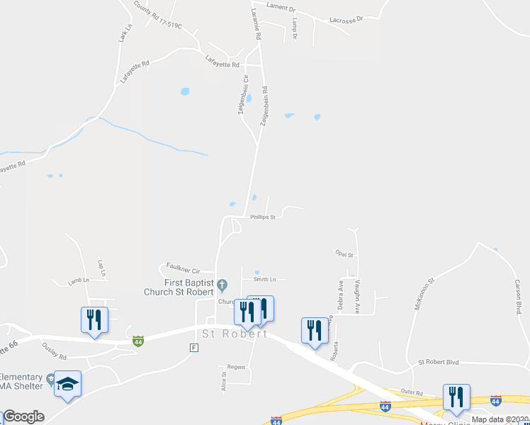 map of restaurants, bars, coffee shops, grocery stores, and more near 124 Andrews Drive in Saint Robert