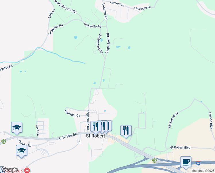 map of restaurants, bars, coffee shops, grocery stores, and more near 124 Andrews Drive in Saint Robert