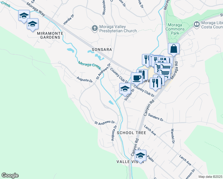map of restaurants, bars, coffee shops, grocery stores, and more near 160 Cypress Point Way in Moraga