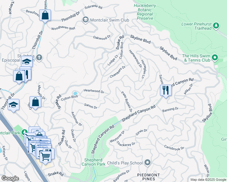 map of restaurants, bars, coffee shops, grocery stores, and more near 6939 Paso Robles Drive in Oakland