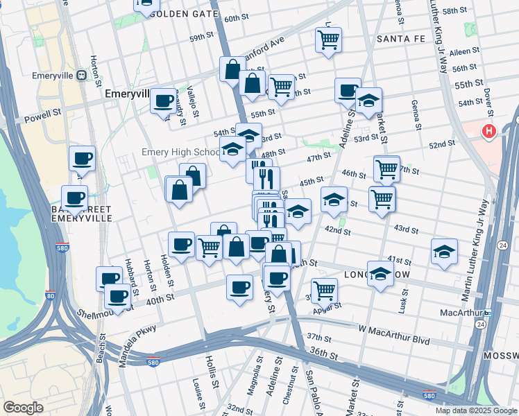 map of restaurants, bars, coffee shops, grocery stores, and more near 4501 San Pablo Avenue in Emeryville