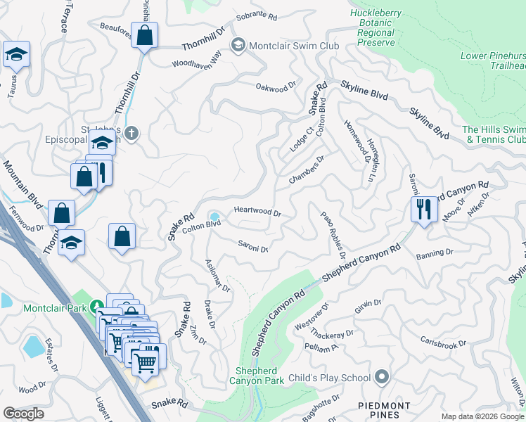 map of restaurants, bars, coffee shops, grocery stores, and more near Heartwood Drive in Oakland
