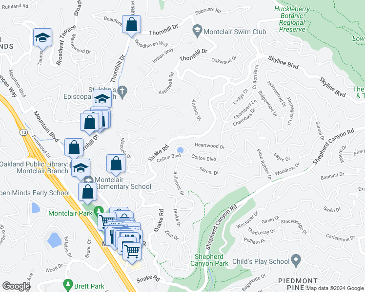 map of restaurants, bars, coffee shops, grocery stores, and more near 55 Asilomar Circle in Oakland