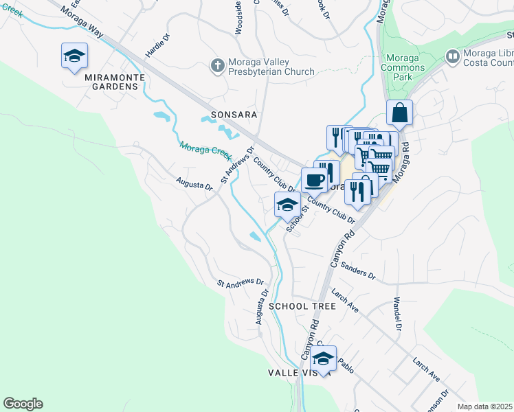 map of restaurants, bars, coffee shops, grocery stores, and more near 160 Cypress Point Way in Moraga