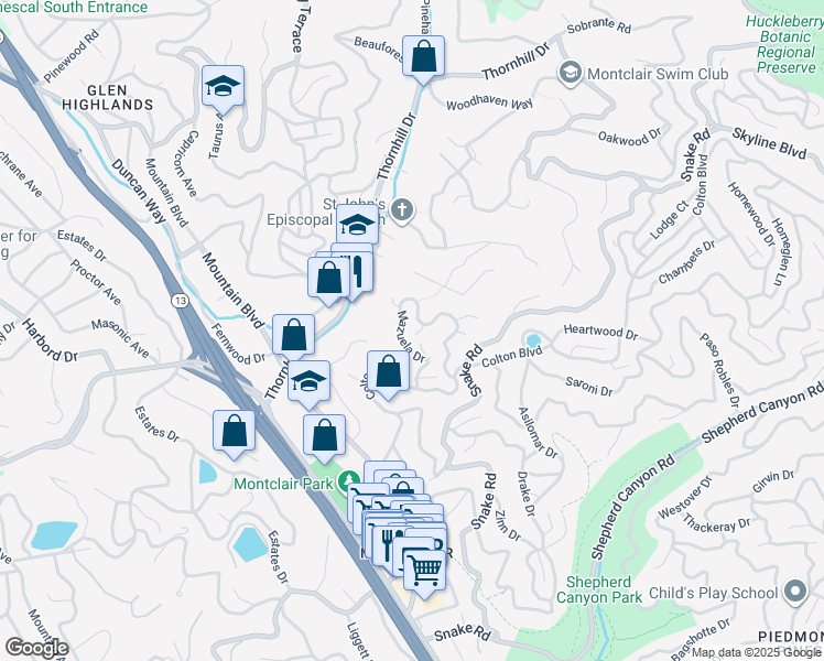 map of restaurants, bars, coffee shops, grocery stores, and more near 6089 Mazuela Drive in Oakland